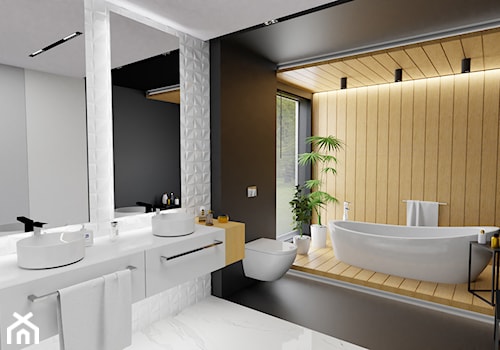 Wooden story - Duża jako pokój kąpielowy z lustrem z dwoma umywalkami z marmurową podłogą z punktowym oświetleniem łazienka z oknem, styl nowoczesny - zdjęcie od MoonfieldStudio