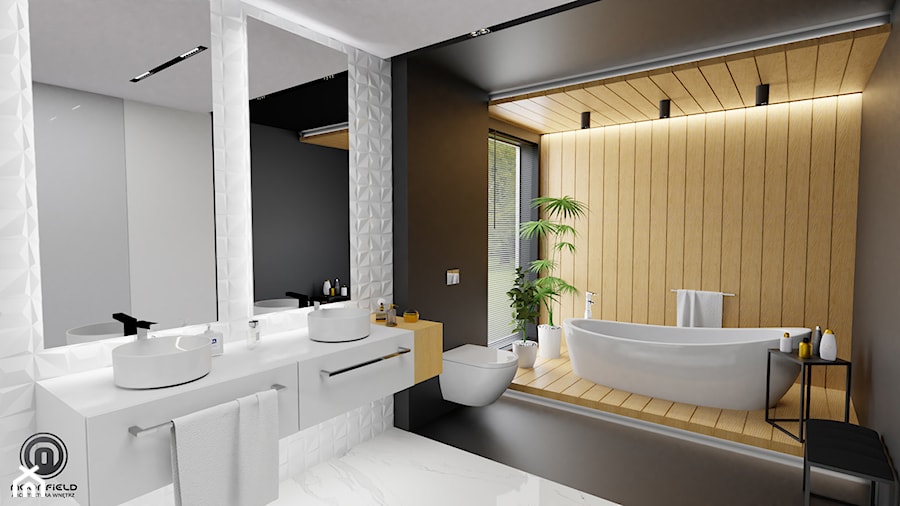 Wooden story - Duża jako pokój kąpielowy z lustrem z dwoma umywalkami z marmurową podłogą z punktowym oświetleniem łazienka z oknem, styl nowoczesny - zdjęcie od MoonfieldStudio