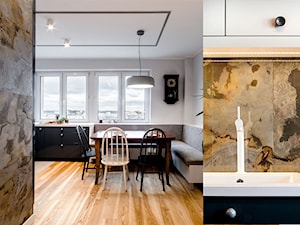 Mieszkanie w Gdyni - Mała otwarta z kamiennym blatem biała szara z zabudowaną lodówką kuchnia jednorzędowa z oknem, styl nowoczesny - zdjęcie od Kowalczyk Gajda Studio Projektowe