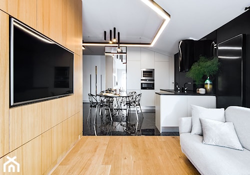 Apartament Gdańsk Jelitkowo - Mały biały czarny salon z kuchnią z jadalnią, styl nowoczesny - zdjęcie od Kowalczyk Gajda Studio Projektowe