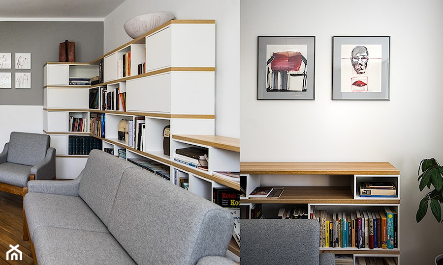 Dom Gdynia Redłowo - Średni biały szary salon z bibiloteczką, styl nowoczesny - zdjęcie od Kowalczyk Gajda Studio Projektowe