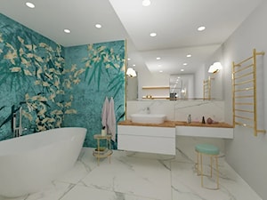 Łazienka – aranżacja stylowej łazienki z fototapetą w orientalną nutę, rybki i bambusy. - zdjęcie od MGArchitekci.pl