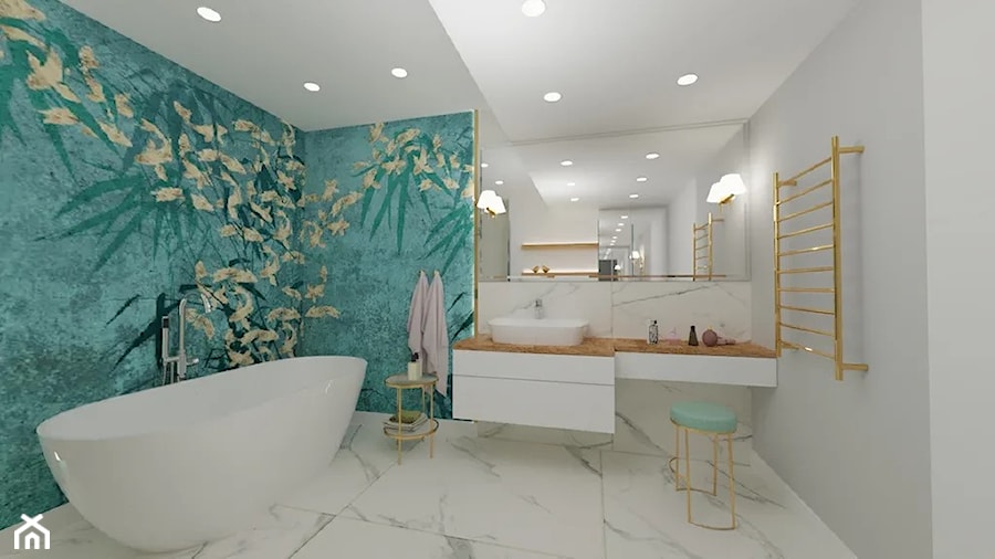 Łazienka – aranżacja stylowej łazienki z fototapetą w orientalną nutę, rybki i bambusy. - zdjęcie od MGArchitekci.pl