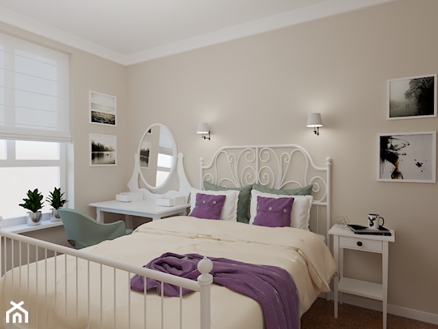 Sypialnia – z dominującą bielą połączoną z fioletem