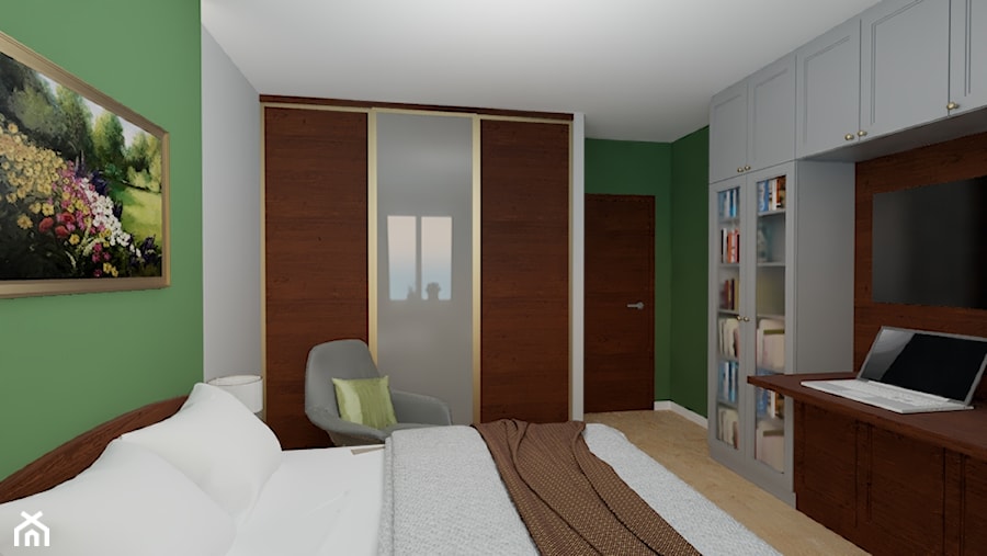 Przyjemna sypialnia z zieloną ścianą - zdjęcie od MGArchitekci.pl