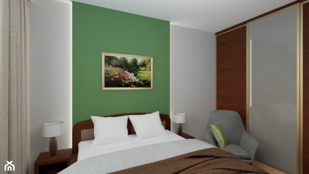 Przyjemna sypialnia z zieloną ścianą - zdjęcie od MGArchitekci.pl - Homebook