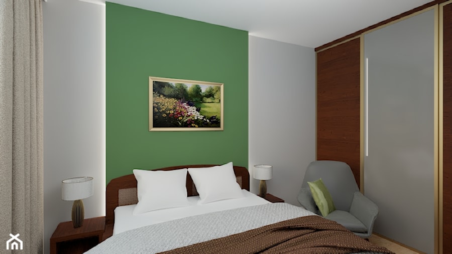 Przyjemna sypialnia z zieloną ścianą - zdjęcie od MGArchitekci.pl