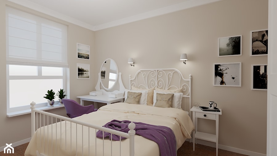 Sypialnia – z dominującą bielą połączoną z fioletem - zdjęcie od MGArchitekci.pl