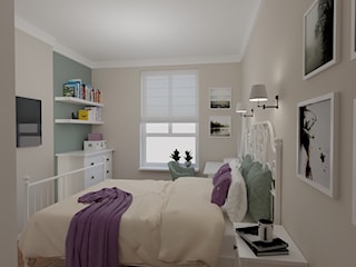 Sypialnia – z dominującą bielą połączoną z fioletem