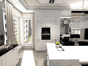 Apartament Glamour w Lublinie - Duża otwarta z salonem czarna szara z zabudowaną lodówką kuchnia w kształcie litery l z wyspą lub półwyspem z oknem z marmurem nad blatem kuchennym, styl glamour - zdjęcie od Piękne Wnętrza Agata i Waldemar Smolińscy