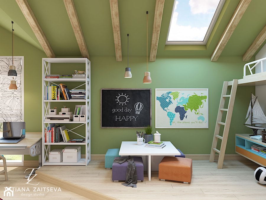 Dom w style boho. - Średni szary zielony pokój dziecka dla dziecka dla nastolatka dla chłopca dla dziewczynki - zdjęcie od tz-interior.com
