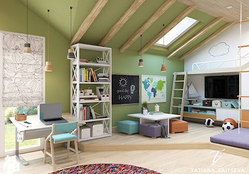 Dom w style boho. - Duży biały zielony pokój dziecka dla dziecka dla nastolatka dla chłopca dla dziewczynki - zdjęcie od tz-interior.com