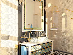 Łazienka inspirowana stylem ArtDeco 1 - Średnia z lustrem z dwoma umywalkami łazienka z oknem, styl glamour - zdjęcie od Pracownia projektowa - mgr inż. arch. Agnieszka Surosz