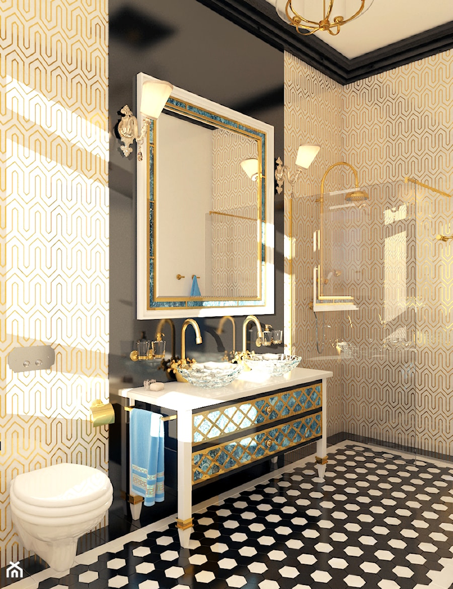 Łazienka inspirowana stylem ArtDeco 1 - Średnia z lustrem z dwoma umywalkami łazienka z oknem, styl glamour - zdjęcie od Pracownia projektowa - mgr inż. arch. Agnieszka Surosz