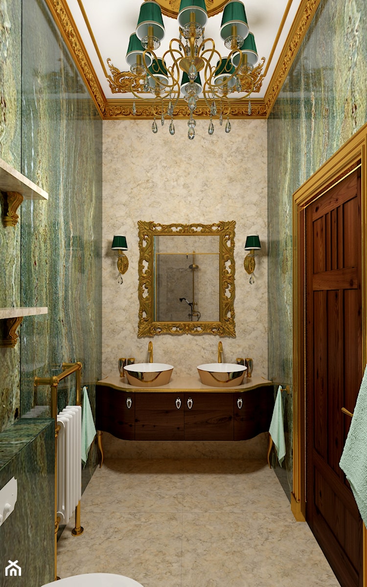 Łazienka inspirowana barokiem 3 - Mała bez okna z dwoma umywalkami z marmurową podłogą łazienka, styl tradycyjny - zdjęcie od Pracownia projektowa - mgr inż. arch. Agnieszka Surosz