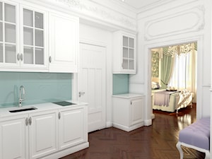 Sypialnia plus aneks kuchenny inspirowana stylem rokoko - Średnia zamknięta biała niebieska z zabudowaną lodówką z podblatowym zlewozmywakiem kuchnia jednorzędowa, styl tradycyjny - zdjęcie od Pracownia projektowa - mgr inż. arch. Agnieszka Surosz