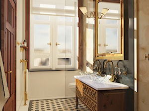 Łazienka inspirowana stylem ArtDeco 1 - Mała z lustrem z dwoma umywalkami łazienka z oknem, styl glamour - zdjęcie od Pracownia projektowa - mgr inż. arch. Agnieszka Surosz