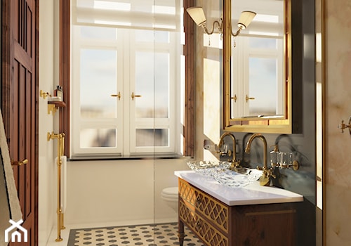 Łazienka inspirowana stylem ArtDeco 1 - Mała z lustrem z dwoma umywalkami łazienka z oknem, styl glamour - zdjęcie od Pracownia projektowa - mgr inż. arch. Agnieszka Surosz