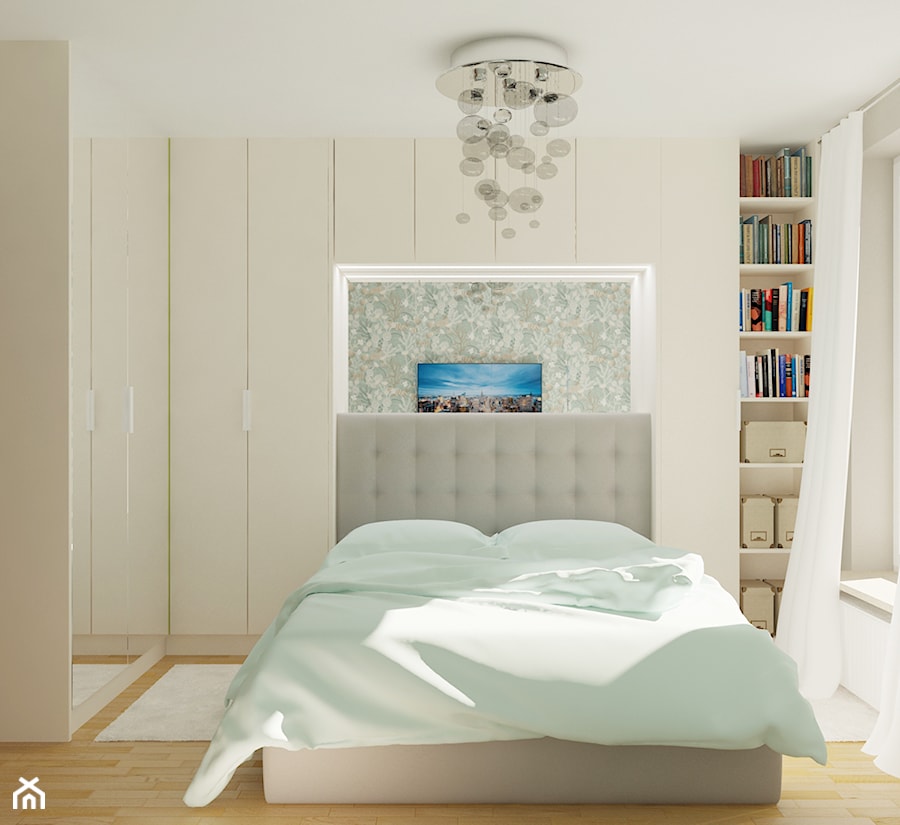 Mała sypialnia z mnóstwem miejsca do przechowywania - Mała biała sypialnia, styl minimalistyczny - zdjęcie od Pracownia projektowa - mgr inż. arch. Agnieszka Surosz