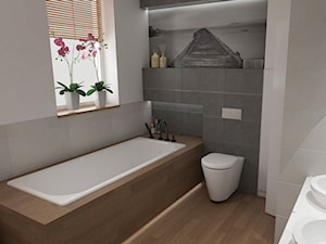 Łazienka beton i drewno - Średnia z dwoma umywalkami łazienka z oknem, styl nowoczesny - zdjęcie od Architekt Katarzyna Szewczyk
