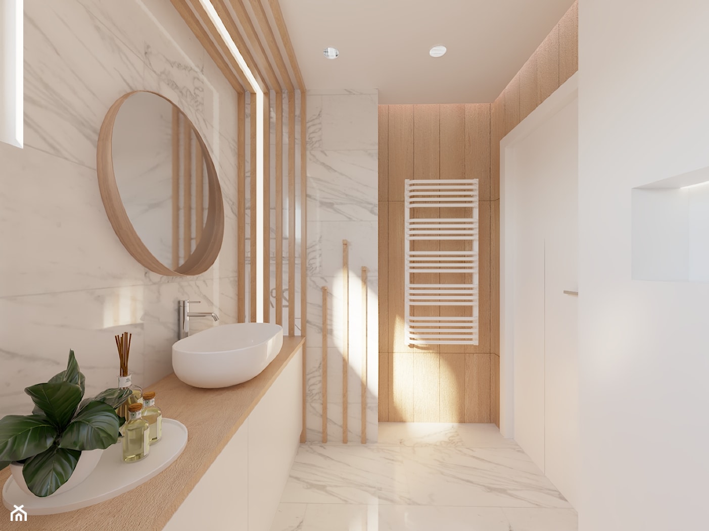 Łazienka połączenie marmuru z drewnem - zdjęcie od Załęska projektowanie wnętrz - Homebook