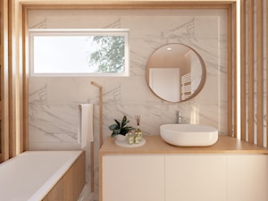 Łazienka połączenie marmuru z drewnem - zdjęcie od Załęska projektowanie wnętrz