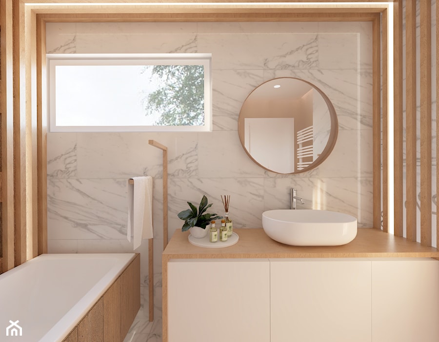 Łazienka połączenie marmuru z drewnem - zdjęcie od Załęska projektowanie wnętrz