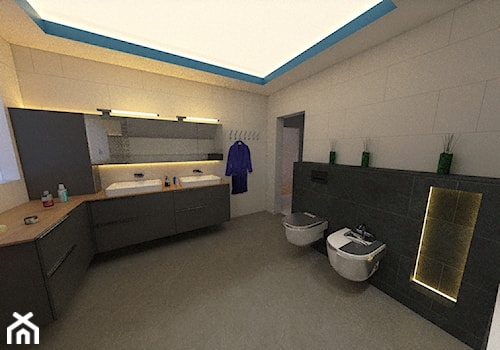projekt łazienki z sufitem napinanym jako oświetlenie wnętrza - zdjęcie od Veles Interior