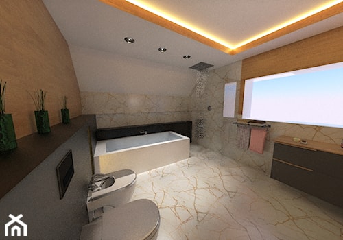 Projekt łazienki na poddaszu w kamieniu i drewnie - zdjęcie od Veles Interior