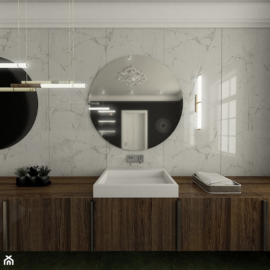 Łazienka w kamienicy - okrągłe lustro - zdjęcie od Pracownia Architektury Alicja Sawicka