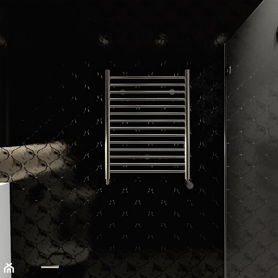 Grzejnik w łazience czarno-białej z prysznicem. - zdjęcie od Pracownia Architektury Alicja Sawicka
