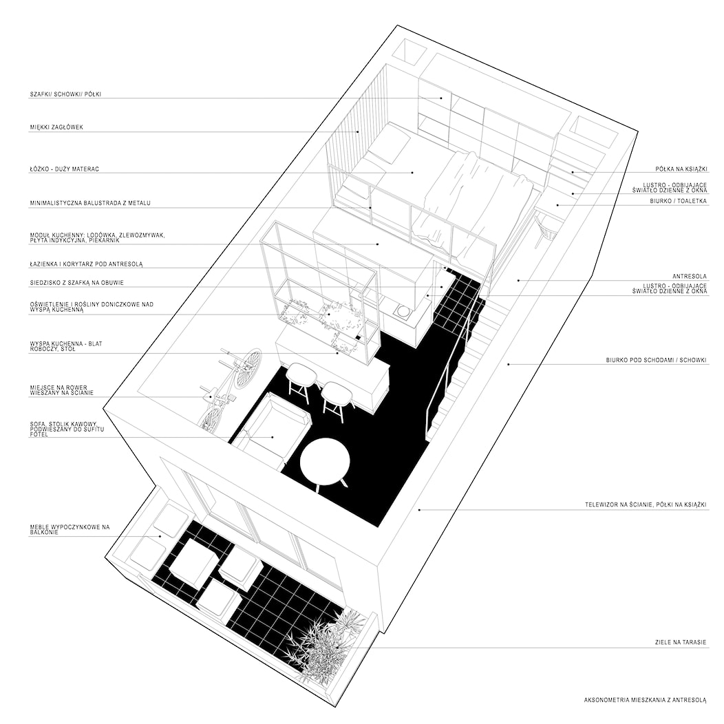 Aksonometria mieszkania z antresolą - zdjęcie od Pracownia Architektury Alicja Sawicka - Homebook