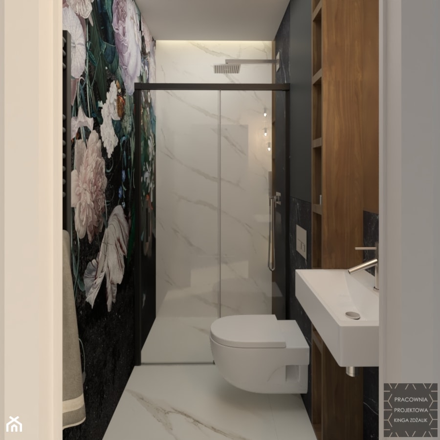 Wąska łazienka z tapetą - zdjęcie od PRACOWNIA PROJEKTOWA KINGA ZDŻALIK - Homebook