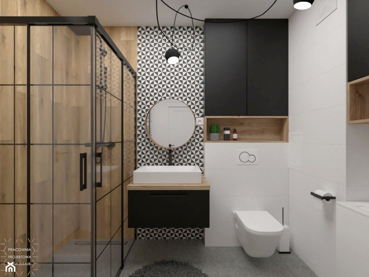 Nowoczesna łazienka w bieli czerni i drewnie - zdjęcie od PRACOWNIA PROJEKTOWA KINGA ZDŻALIK - Homebook