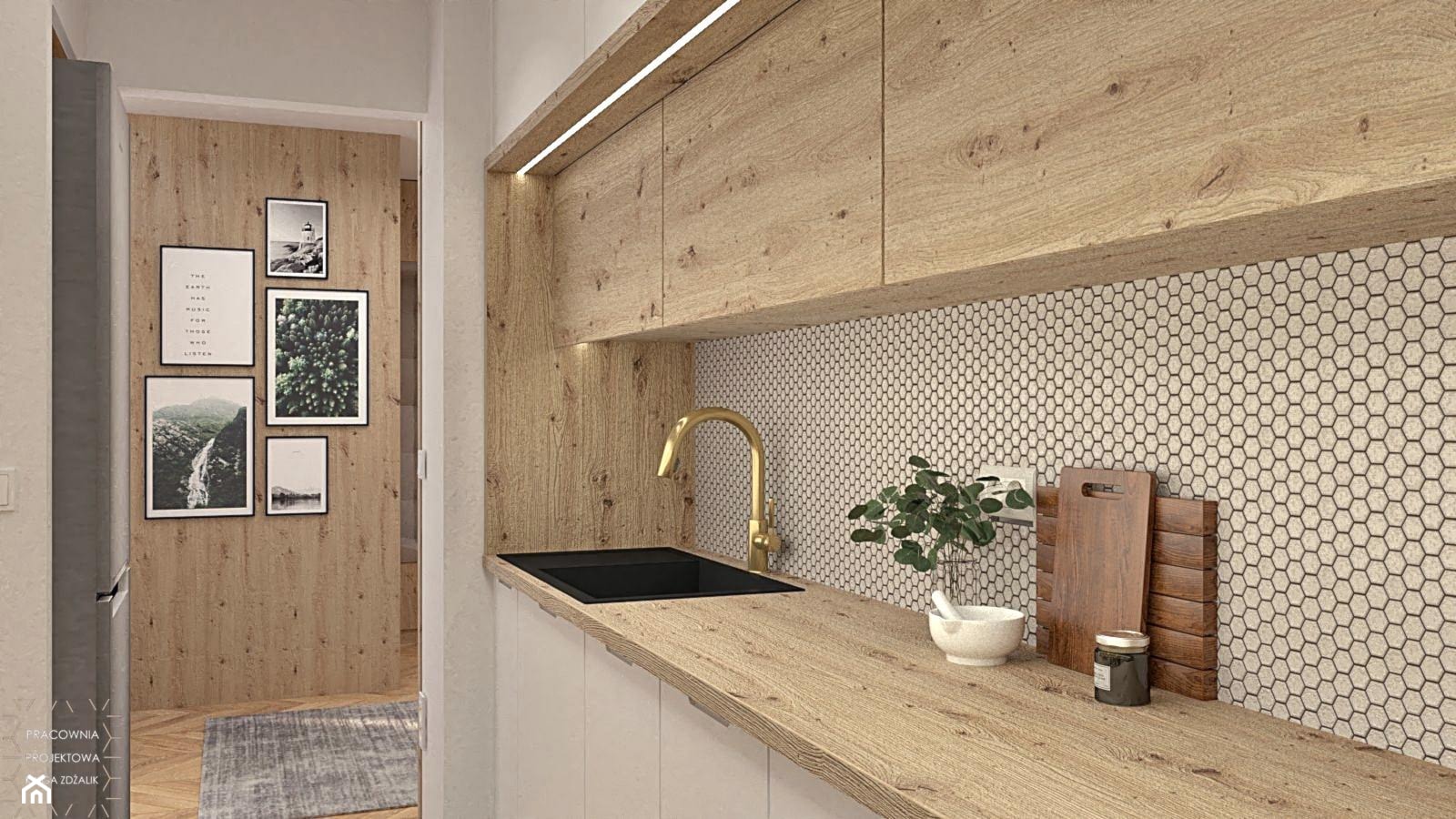 Drewniany szafki i płytki heksagonalne w kuchni. - zdjęcie od PRACOWNIA PROJEKTOWA KINGA ZDŻALIK - Homebook