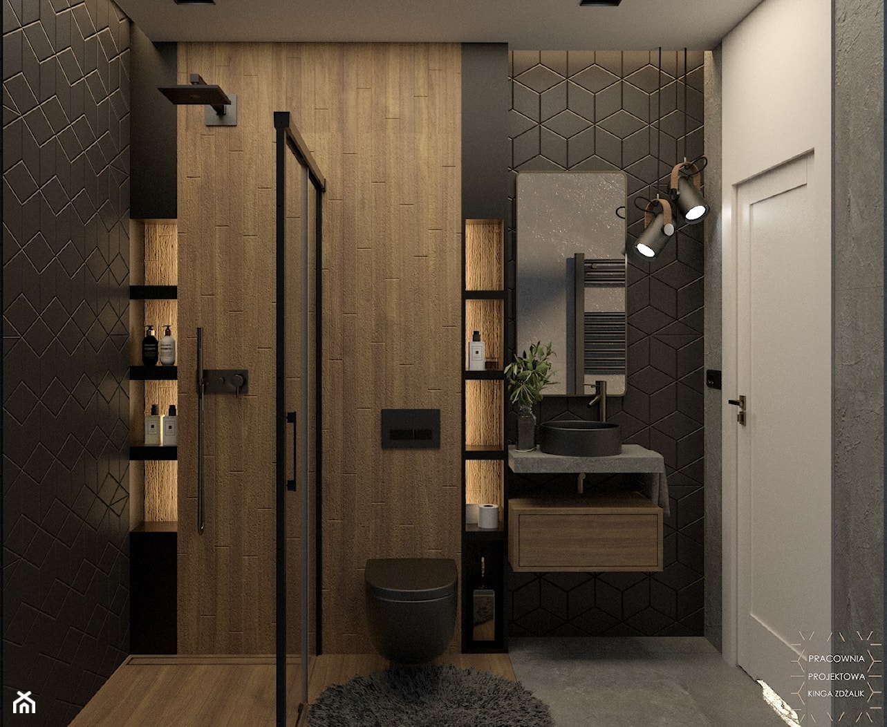 Wąska łazienka w drewnie betonie i czerni - zdjęcie od PRACOWNIA PROJEKTOWA KINGA ZDŻALIK - Homebook