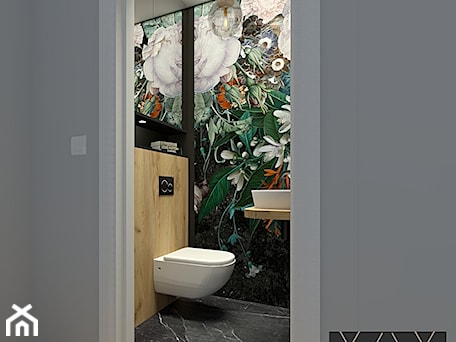 Aranżacje wnętrz - Łazienka: Czarna łazienka z mocnym kwiatowym akcentem - PRACOWNIA PROJEKTOWA KINGA ZDŻALIK. Przeglądaj, dodawaj i zapisuj najlepsze zdjęcia, pomysły i inspiracje designerskie. W bazie mamy już prawie milion fotografii!