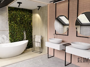 Łazienka w zgodzie z naturą - Średnia na poddaszu z dwoma umywalkami z punktowym oświetleniem łazienka z oknem, styl nowoczesny - zdjęcie od Geometria Studio