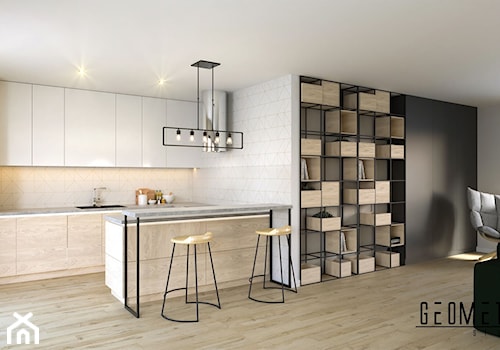 Projekt Salonu - Średni szary salon z kuchnią z jadalnią, styl industrialny - zdjęcie od Geometria Studio