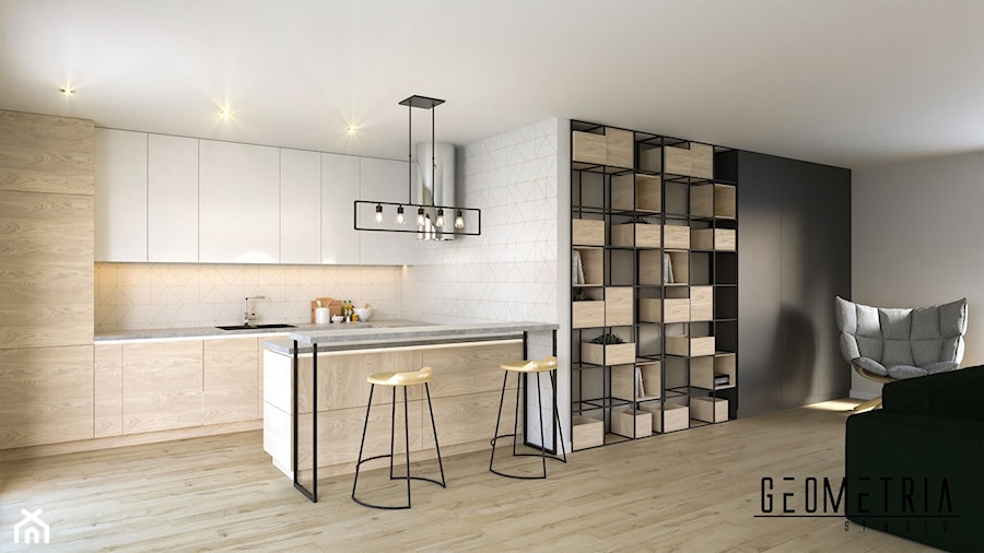Projekt Salonu - Średni szary salon z kuchnią z jadalnią, styl industrialny - zdjęcie od Geometria Studio