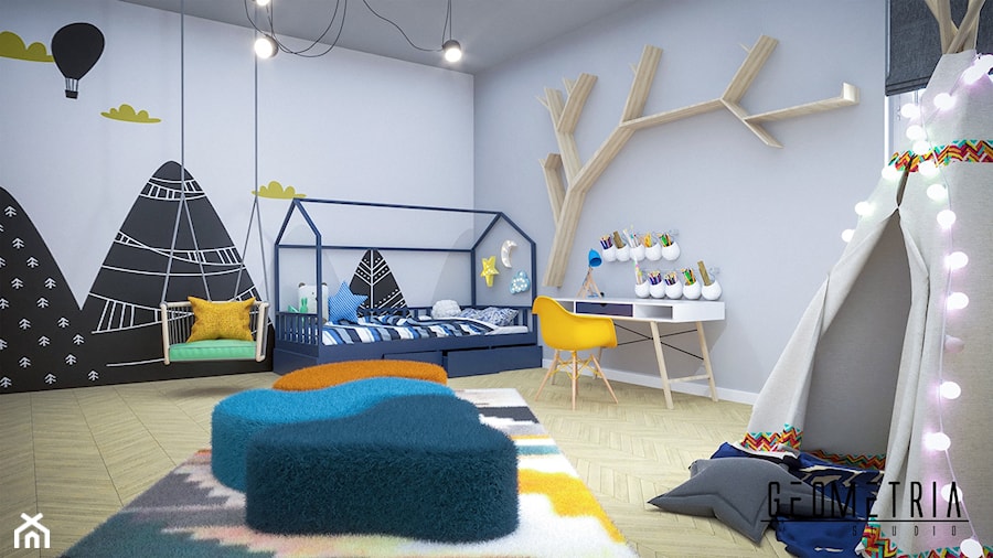 Projekt pokoju dziecięcego - Duży szary pokój dziecka dla dziecka dla chłopca dla dziewczynki - zdjęcie od Geometria Studio