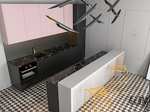 Nowoczesne mieszkanie - Średnia otwarta szara z zabudowaną lodówką z podblatowym zlewozmywakiem kuchnia dwurzędowa, styl tradycyjny - zdjęcie od Geometria Studio
