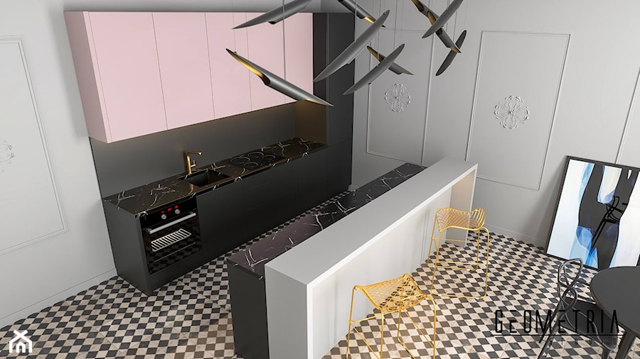 Nowoczesne mieszkanie - Średnia otwarta szara z zabudowaną lodówką z podblatowym zlewozmywakiem kuchnia dwurzędowa, styl tradycyjny - zdjęcie od Geometria Studio