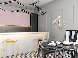 Nowoczesne mieszkanie - Średnia z salonem biała czarna z zabudowaną lodówką kuchnia jednorzędowa z wyspą lub półwyspem z kompozytem na ścianie nad blatem kuchennym, styl nowoczesny - zdjęcie od Geometria Studio