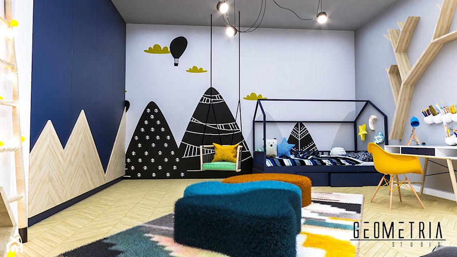 Projekt pokoju dziecięcego - Duży szary niebieski pokój dziecka dla nastolatka dla chłopca dla dziewczynki, styl skandynawski - zdjęcie od Geometria Studio
