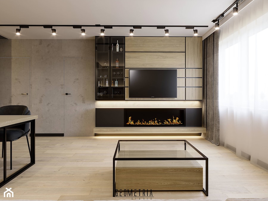 Projekt wnętrza salonu z aneksem kuchennym - Salon, styl industrialny - zdjęcie od Geometria Studio