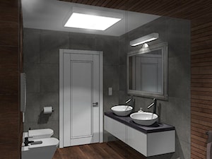 łazienka w ponadczasowej szarości ocieplonej drewnem - zdjęcie od Szoka Design Szoka Iwona