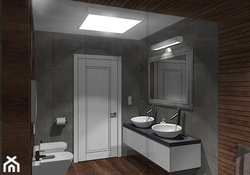 łazienka w ponadczasowej szarości ocieplonej drewnem - zdjęcie od Szoka Design Szoka Iwona
