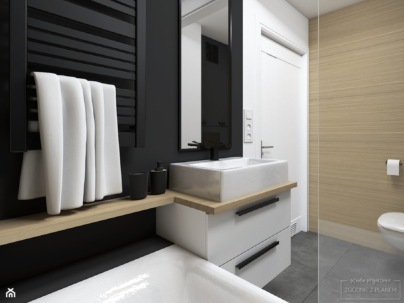 Łączona łazienka w bloku - Mała bez okna z lustrem łazienka, styl nowoczesny - zdjęcie od Studio Projektowe Zgodnie Z Planem - Homebook