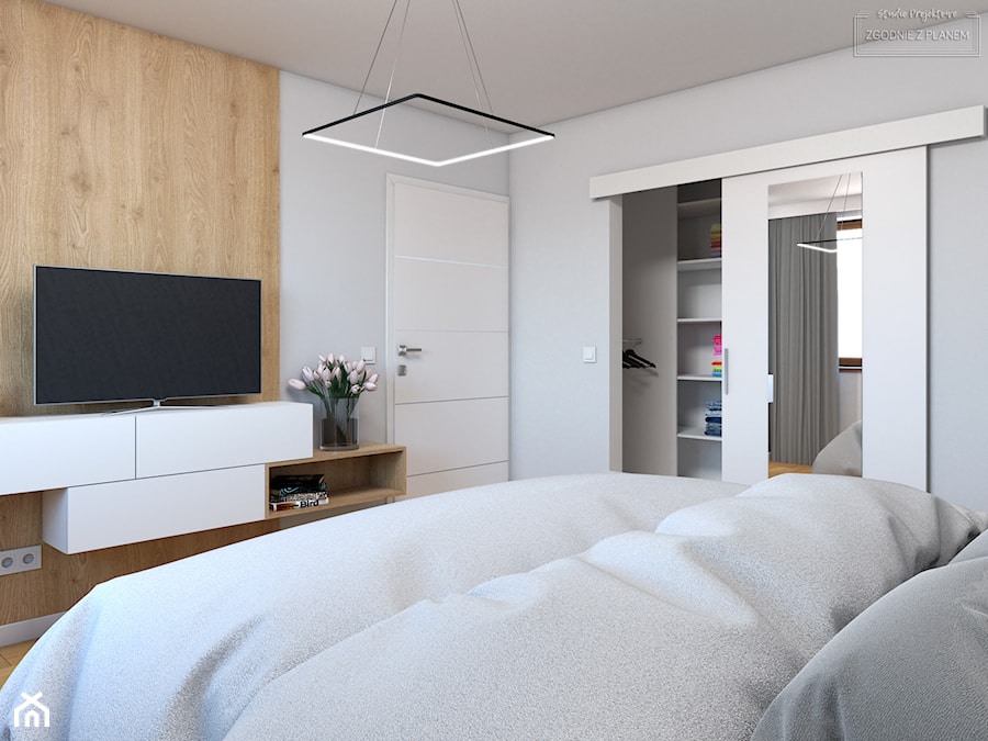 Dom w Tarnowskich Górach - Duża beżowa biała sypialnia z garderobą, styl nowoczesny - zdjęcie od Studio Projektowe Zgodnie Z Planem